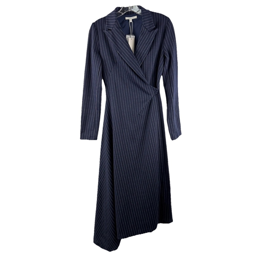 NWT Zoe And Claire Navy Pinstripe‎ Wrap Dress Sz S Asymmetric Hem Office Luxury